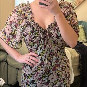 spring wedding guest - Floral ruffle hem puff sleeve dress